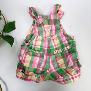 OshKosh Baby Girl Pink & Green Plaid Overalls Cottagecore Shortalls / 9 Months